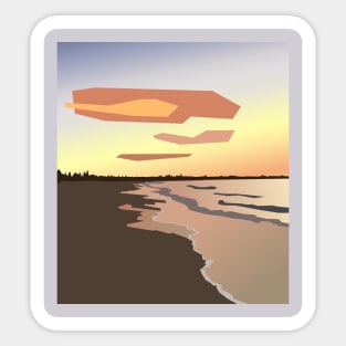 Side view of cartoon sunset and sandy seashore. Sticker